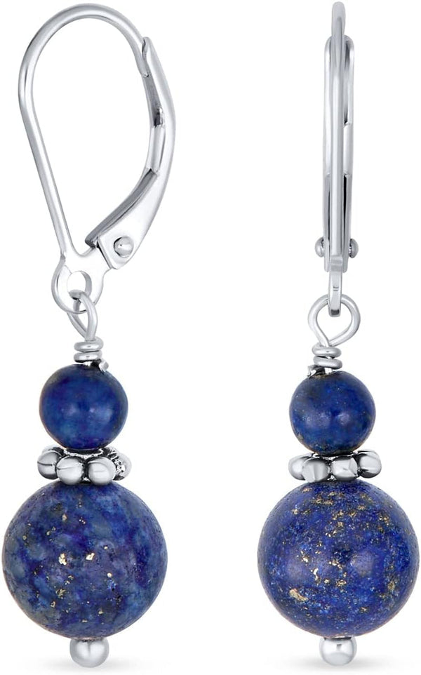 Gemstone Natural Blue Lapis Lazuli Red Carnelian Green Aventurine Boho Bali Milgrain Edged Beaded Rondel Separator Double Ball round Drop Dangle Earrings for Women Teen .925 Sterling Silver Lever Back