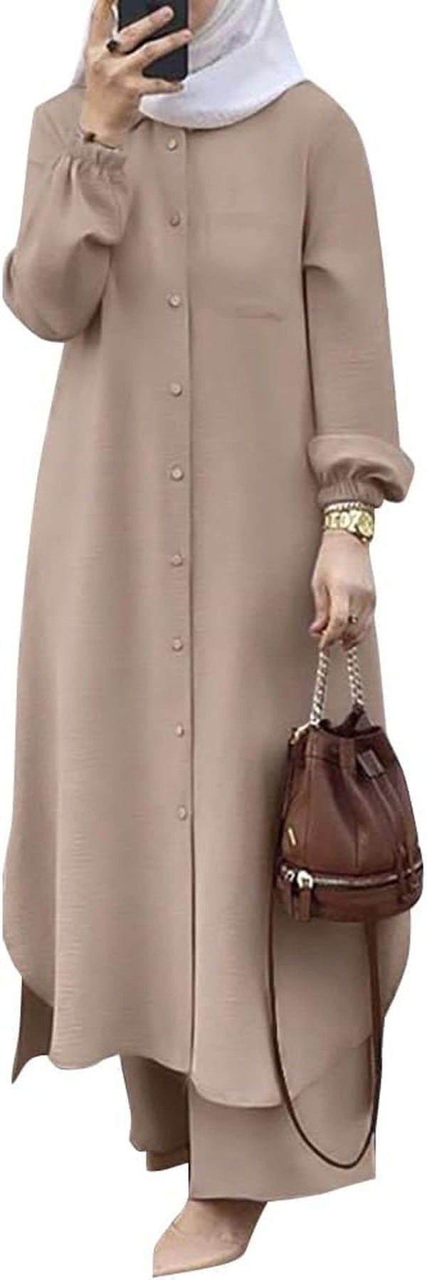 Women'S Muslim 2 Pieces Sets Long Sleeve Button down Shirt and Pants Abaya Casual Dress Dubai Outfits