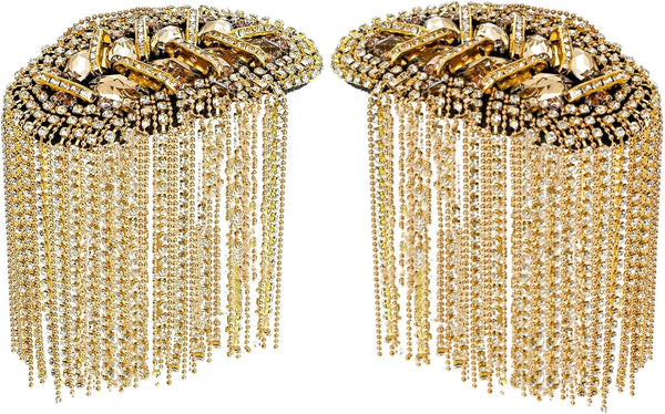 2 Pack Tassel Shoulder Epaulette, Punk Metal Cosplay Ringmaster Shoulder Pads Epaulet with Pins, Gold Rhinestone Beaded Diamond Shoulder Boards Badge Brooch for Men Women Uniform Costume