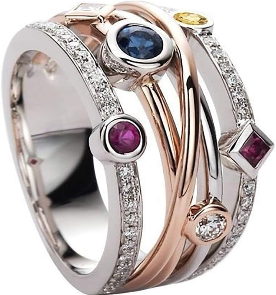 Sterling Silver Modern Eternity Ring with Sapphire, Ruby & Cubic Zirconia Stones in White, 10 round Stones, 0 Carats Total Diamond Weight, Prong Setting, Unisex Adult Engagement, Wedding Ring