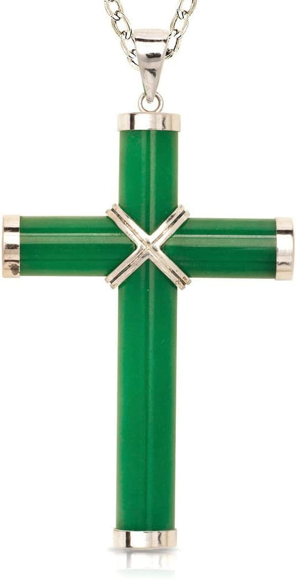 '- 925 Sterling Silver Rhodium-Plated 18" Men'S Extra-Large Green Jade Cross Necklace - 35Mm X 60Mm - Mens Cross Necklace - Large Jade Cross Pendant - Christmas Gift for Men