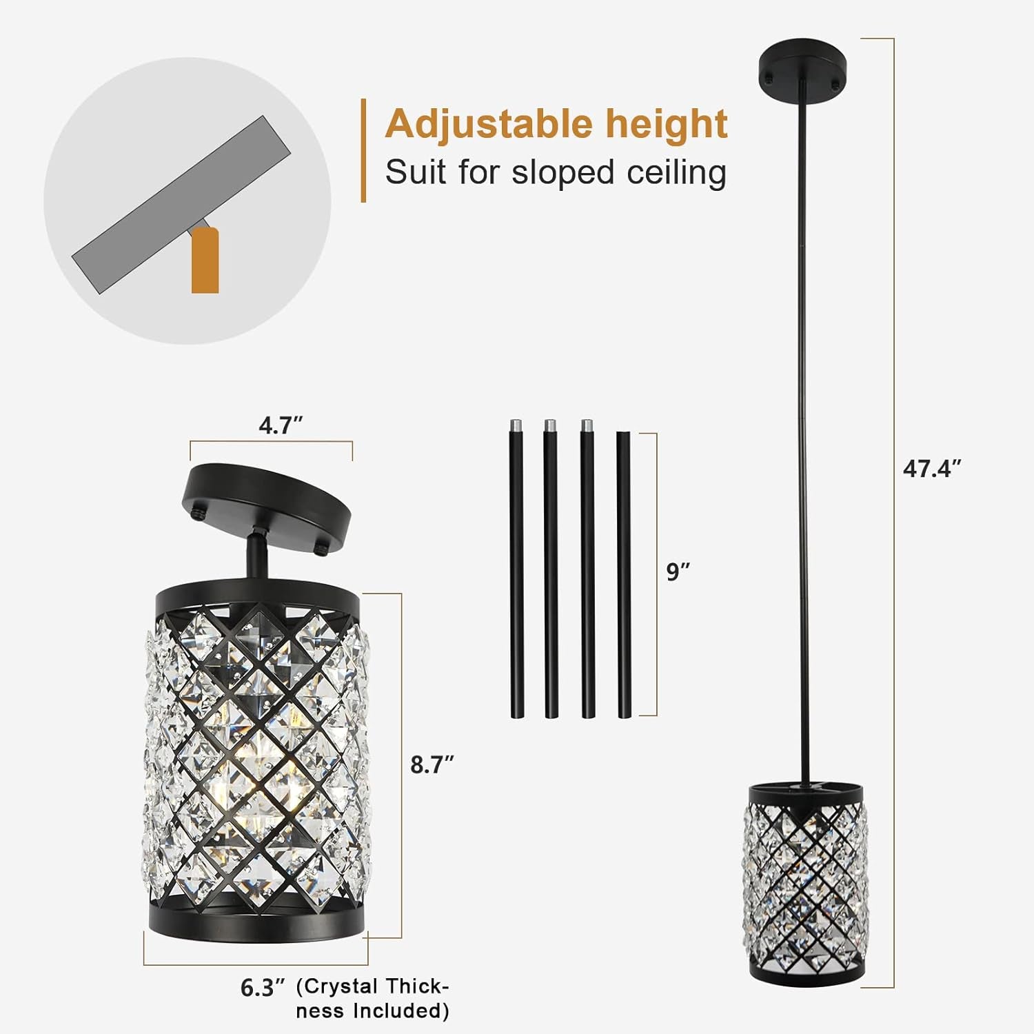 Modern Black Crystal Pendant Light, Industrial 1-Light Small Hanging Glass Ceiling Lamp Crystal Chandelier for Kitchen Island Sink Dining Living Room Bedroom Entryway