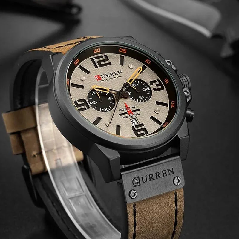 CURREN Men Quartz Watch Army Military Water-proof Calendar Chronograph Wristwatch Leather Strap Male Sport Watches