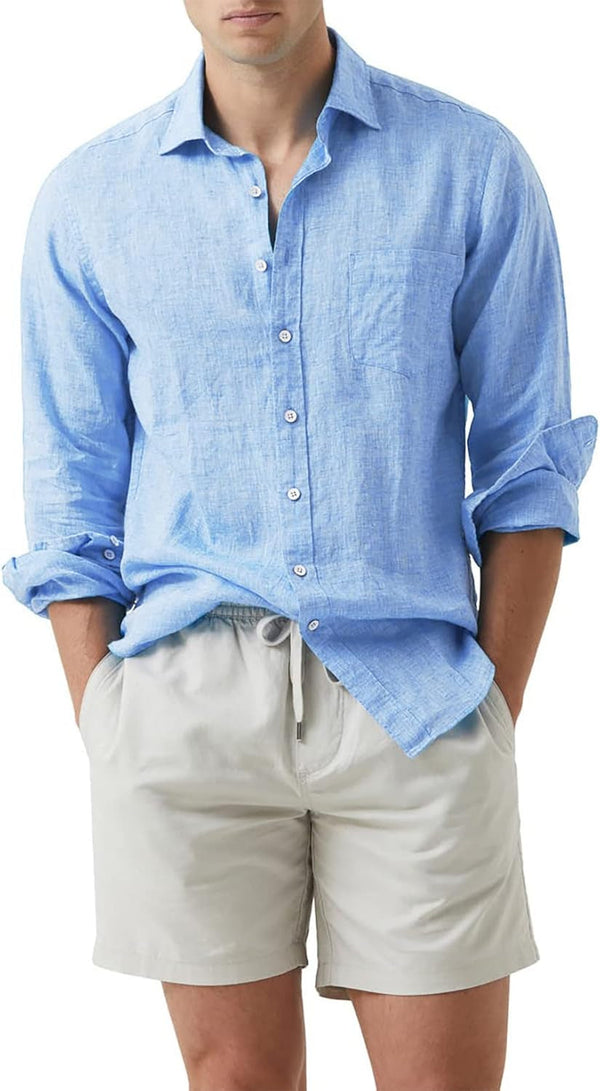 Mens Cotton Linen Casual Stylish Button down Shirt Long Sleeve Dress Shirts