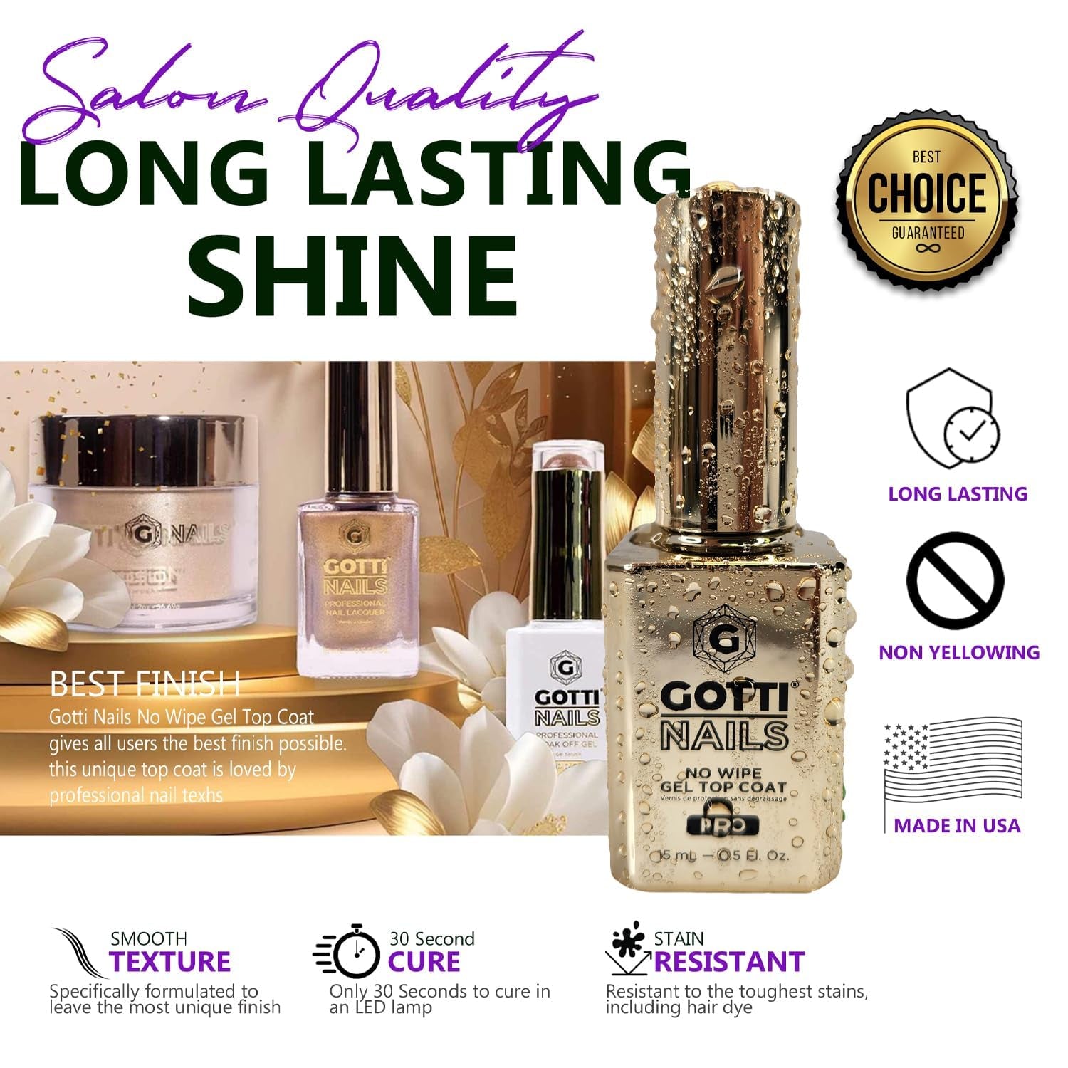Gel Top Coat - No Wipe, Non Yellowing, Stain Resistant, Shiny and Glossy Top Coat Nail Polish - Clear Nail Polish for UV Gel and LED Gel Applications