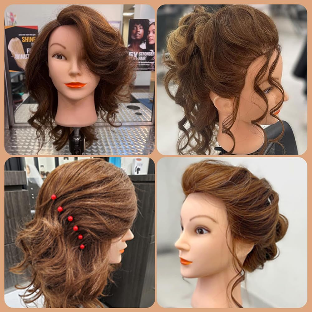 Mannequin Head with 100% Real Human Hair Cosmetology Mannequin Head to Practice Hairstyles Doll Head Training Head for Hairdresser (Brown)