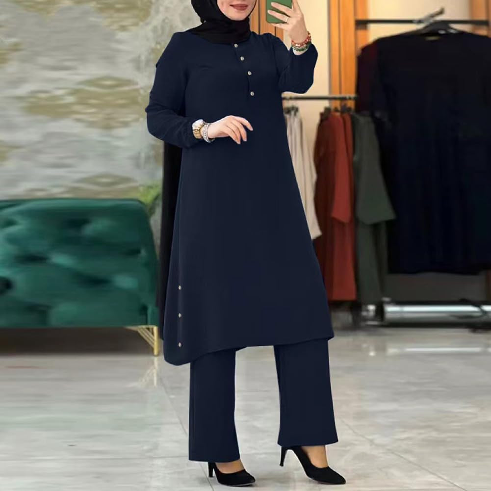 Abayas Dress for Women Muslim Long Sleeve Loose Top Pants 2 Pcs Dubai Islamic Muslim Women Matching Sets