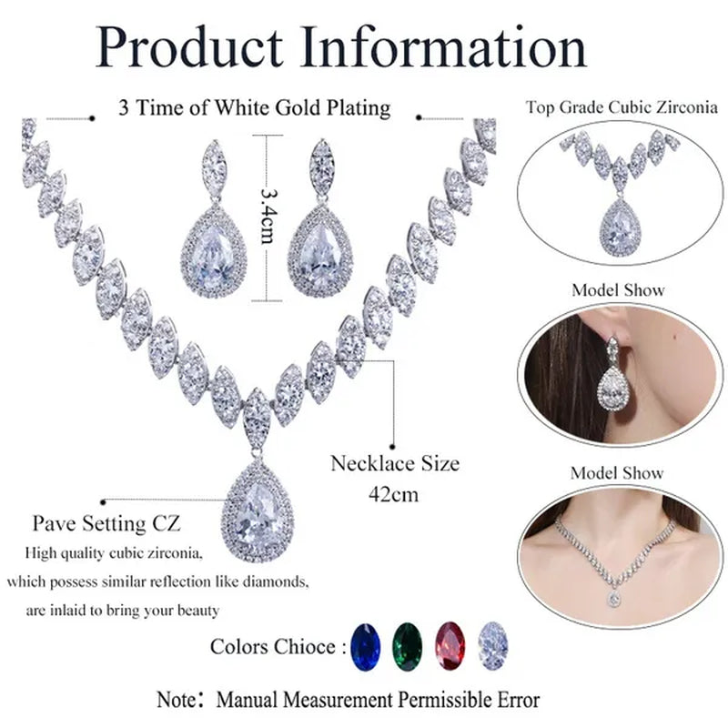 Gloriya Gorgeous Platinum Plated Party Jewelry Paved Indian Red Cubic Zirconia Crystal Big Tear Drop Necklace Earrings Set for Female Evening