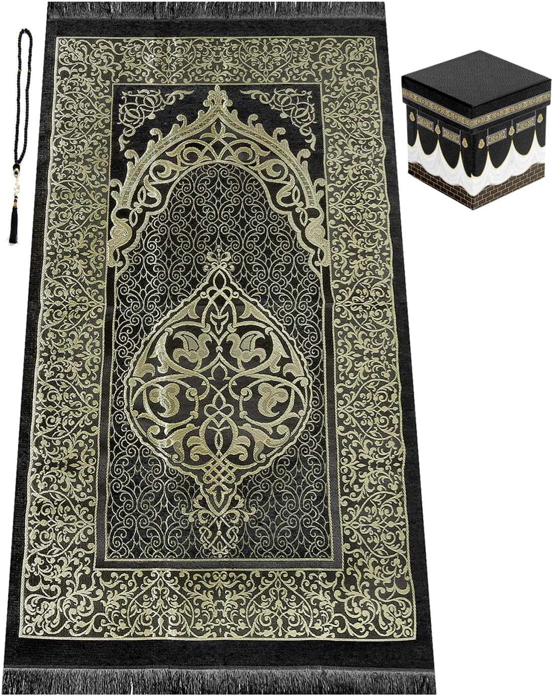 , Prayer Rug, Prayer Mat for Muslim with Kaaba Design Cubic Gift Box, Islamic Salah Mat for Worship, Namaz Rug, Praying Carpet, Sajadah, Islamic Gifts for Men, Women, Black