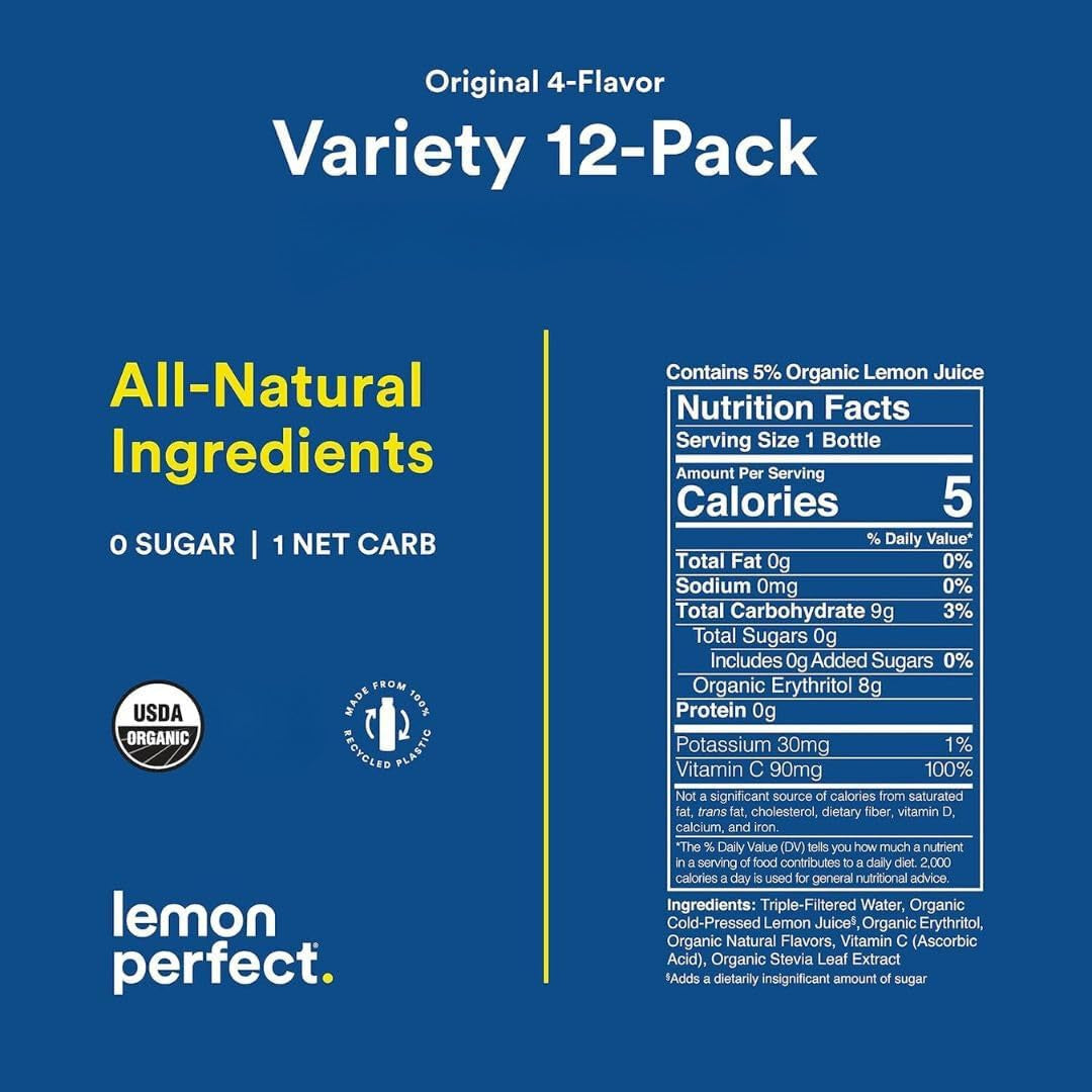 , Hydrating Organic Lemon Water, Zero Sugar, Flavored Water, Squeezed from Real Fruit, Plastic Neutral, No Artificial Ingredients, 6-Flavor Variety Pack (12Oz Bottles) 12Pk