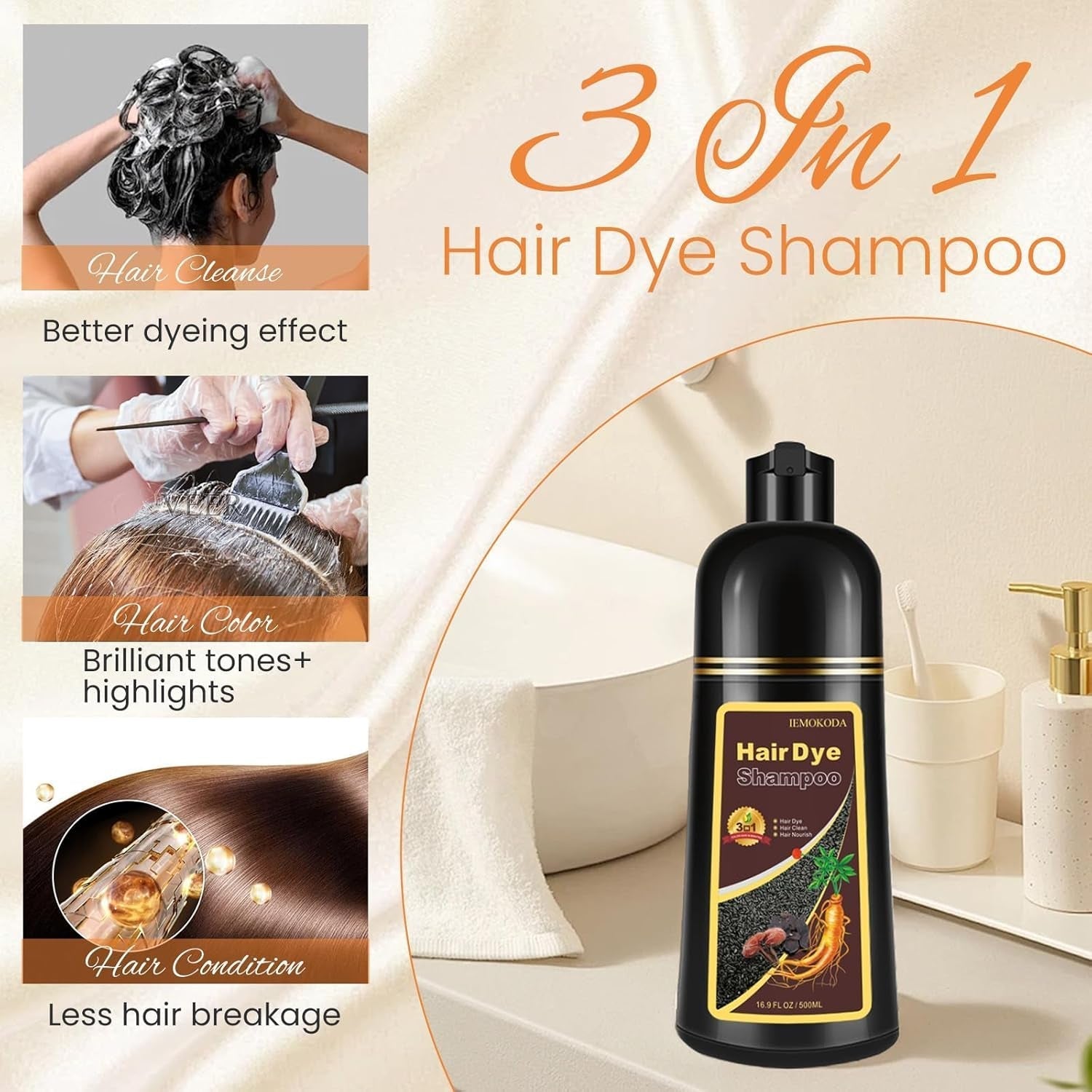 Hair Dye Shampoo 3-In-1 Champu Para Canas Mujer, Instant Coffee Herbal Hair Color Treated Shampoo, Natural Brown Long Lasting Easy to Use, for Women Men, 500Ml