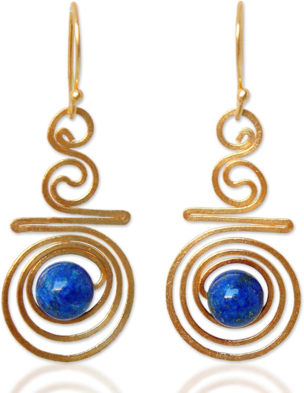 Artisan Handmade 24K Gold Plated Lapis Lazuli Dangle Earrings Crafted Brass Blue Thailand Modern 'Follow the Dream'