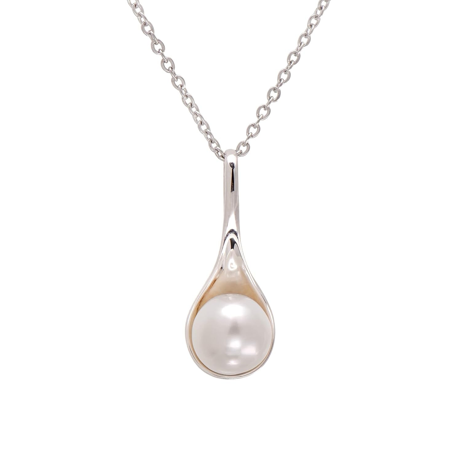 925 Sterling Silver Spoon Shape Cultured White Pearl Pendant Necklace for Women