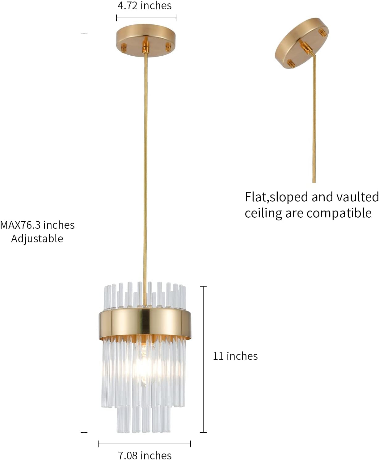 Gold Pendant Lights Kitchen Island,1-Light Crystal Pendant Light Fixtures over Island,Modern Brass Mini Chandelier for Dining Room, Adjustable Cord Hanging Lights for Bedroom,Bar,Sink,Entryway