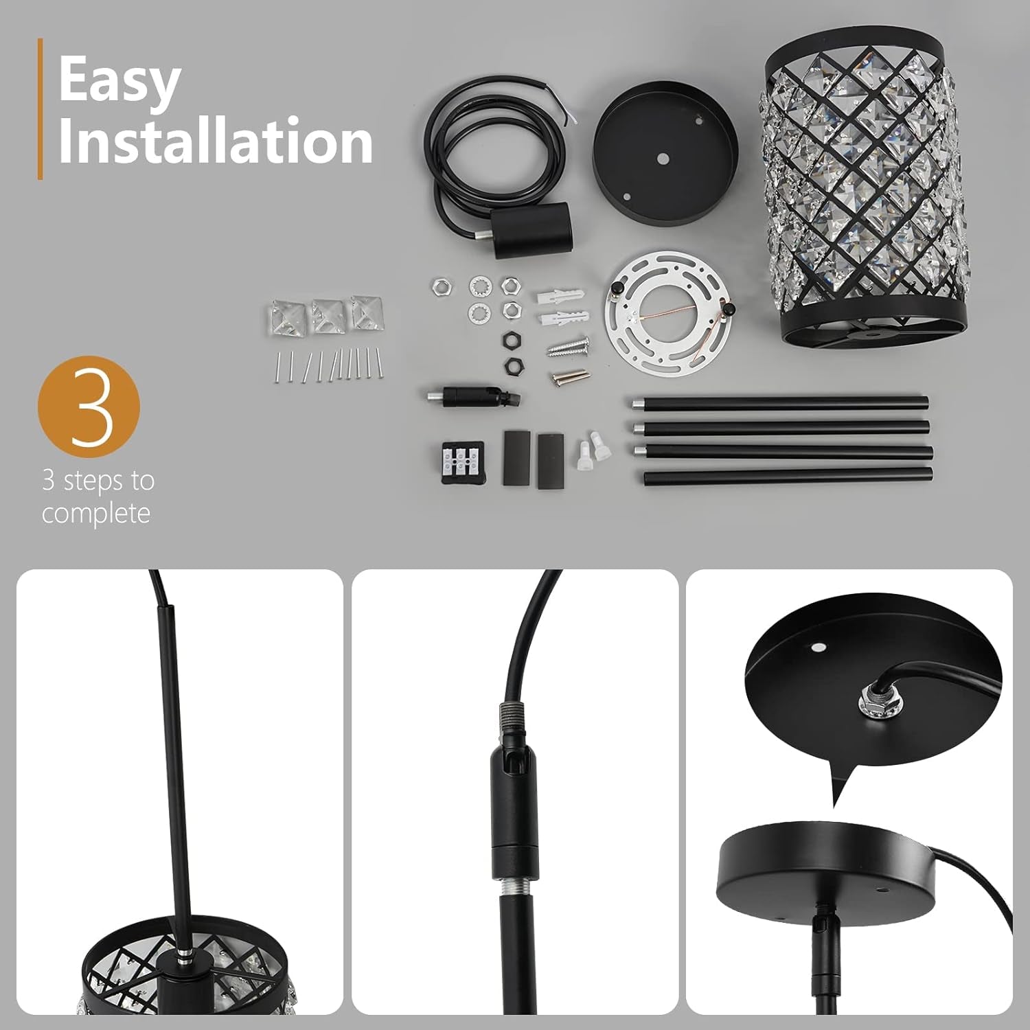 Modern Black Crystal Pendant Light, Industrial 1-Light Small Hanging Glass Ceiling Lamp Crystal Chandelier for Kitchen Island Sink Dining Living Room Bedroom Entryway