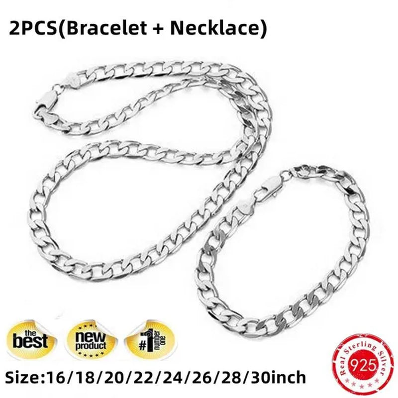 925 Sterling Silver Fashion Italian Curb Link Chain Necklace Bracelet 925 Silver High Quality Jewelry Set for Women and Men