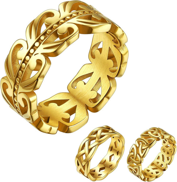 Celtic Rings in Three Classic Style, Solid Stainless Steel Band Ring in Gold/Silver/Black Tone, Simple Celtic Knot Eternity Finger Ring for Friendnship Wedding Engagement Promise