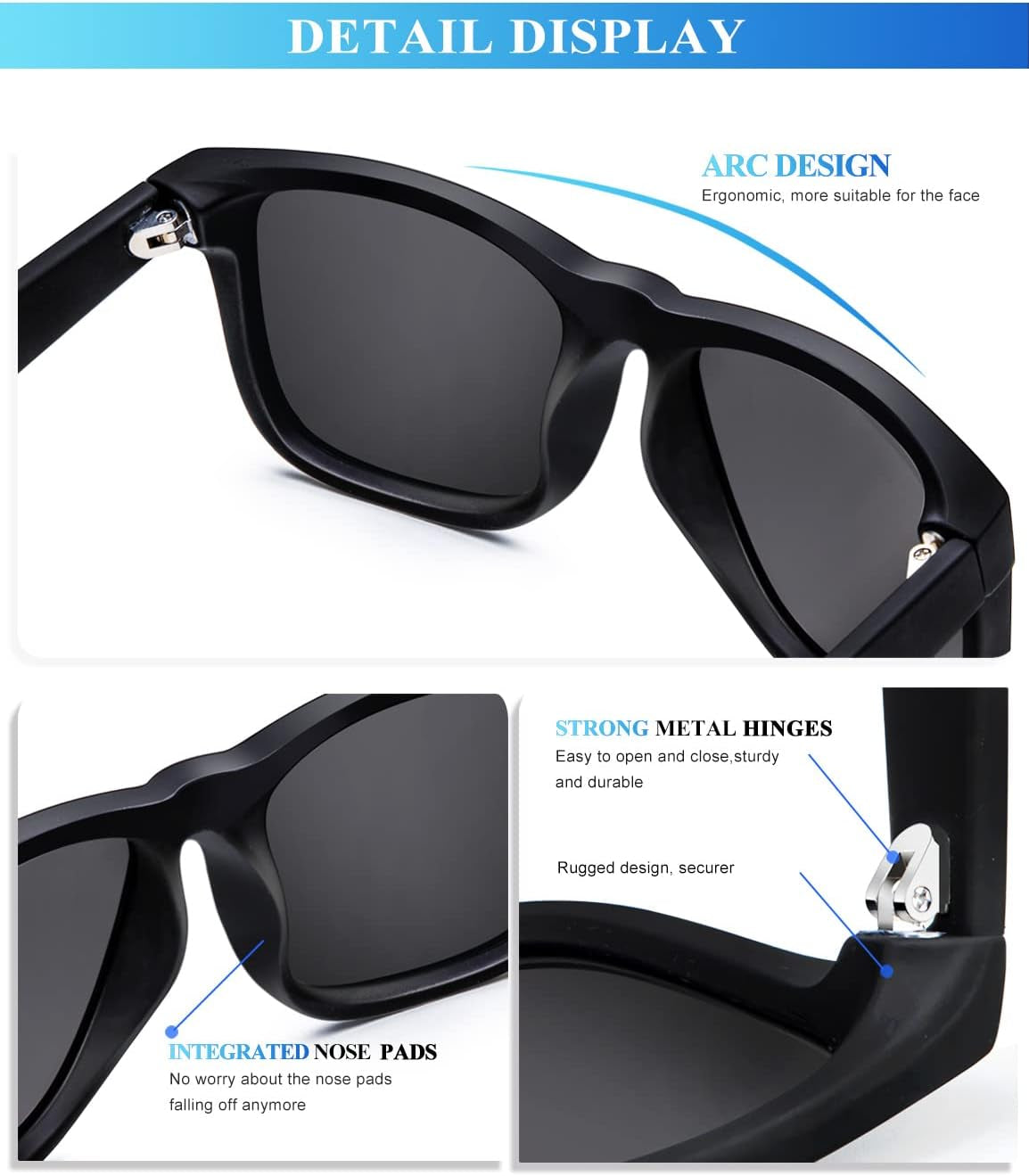 Sunglasses Men Polarized Sun Glasses for Mens Womens Classic Matte Black Frame UV Protection 3Pack