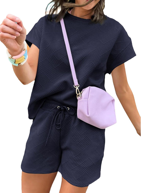 Women'S 2 Piece Outfits Sweatsuit Casual Short Sleeve Pullover Tops and Drawstring Shorts Pants Lounge Sets