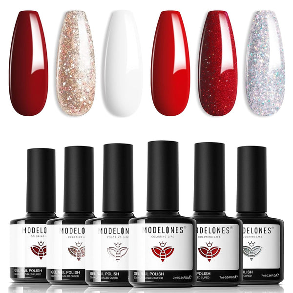 Red Gel Nail Polish Set 6 Colors, White Glitter Sparkle Bright Burgundy Dark Rose Champagne Silver Candy Cane Nail Gel Kit Soak off Nail Art Gel Manicure Salon DIY Gift Women