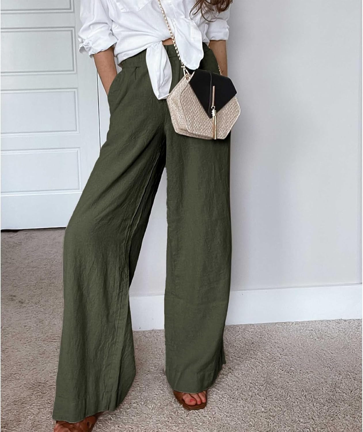 Womens Cotton Linen Palazzo Pants Drawstring Elastic Waist Casual Wide Leg Trousers with Pockets