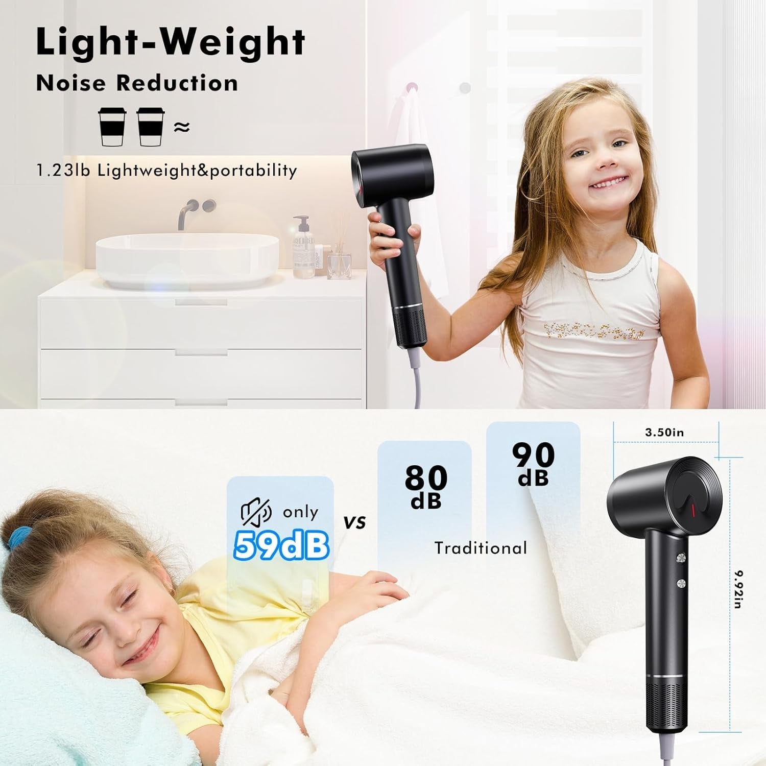 Hair Dryer, High Speed Negative Ionic Blow Dryer with 110, 000 RPM Brushless Motor for Fast Drying, Lightweight, Low Noise Ionic Hair Dryer with Diffuser and Nozzle, for Home, Travel, Gift