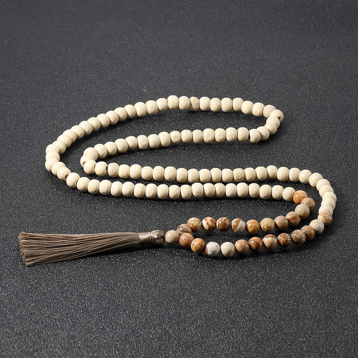 8MM Semi-Precious Gem Stones Wood Mala Bead Necklace Multicolor Tassel Charms Chain Necklace Handmade Beaded Pendant Necklace for Women Men