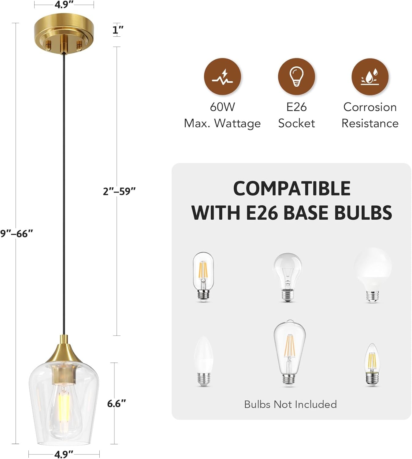 Pendant Light Kitchen Island, Brushed Gold Pendant Light Fixture with E26 Base & Adjustable Cable, Modern Pendant Lighting with Glass Shade for Living Room Bedroom Hallway