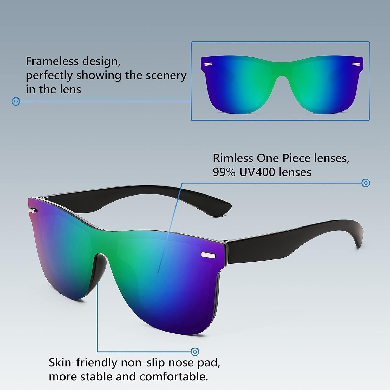 Trendy Rimless Mirrored One Piece Lens Sunglasses Reflective Sun Glasses B4114