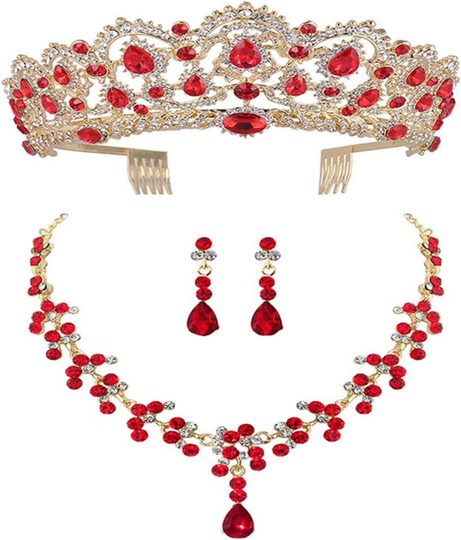 Vaguelly Wedding Tiaras and Earrings Set, Tiara and Necklace Set, Wedding Bridal Flower Jewelry Set Baroque Tiara Crystal Crown with Comb Retro Rhinestone Necklace Earrings Bridesmaids Queen Costume for Prom Party
