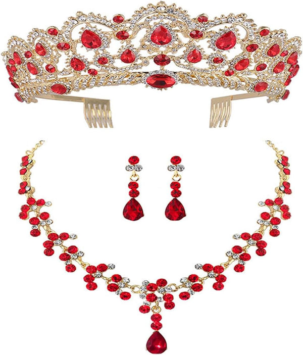 Vaguelly Wedding Tiaras and Earrings Set, Tiara and Necklace Set, Wedding Bridal Flower Jewelry Set Baroque Tiara Crystal Crown with Comb Retro Rhinestone Necklace Earrings Bridesmaids Queen Costume for Prom Party