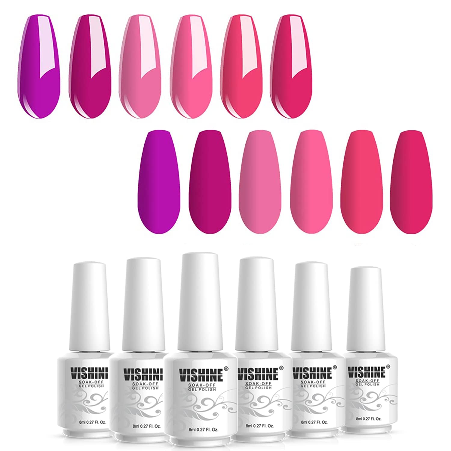 Hot Pink Fuchsia Gel Nail Polish Set - 6PCS Colors Magenta Purple Gel Polish, Soak off Gel Polish Set Nail Art LED UV Nail Lamp Cured,8Ml Each Bottle Nail Gel Kit Glamour Gifts