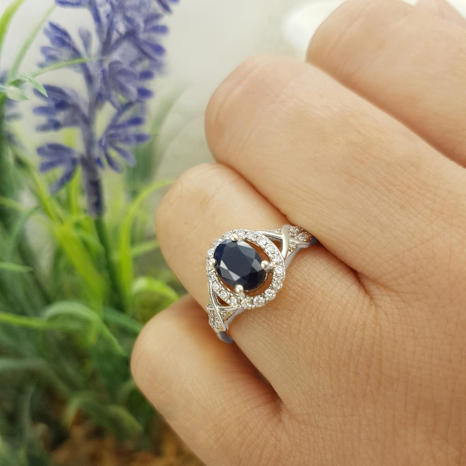 7X5Mm Oval Blue Sapphire & round White Diamond Split Shank Halo Engagement Ring for Women in 10K Solid Gold