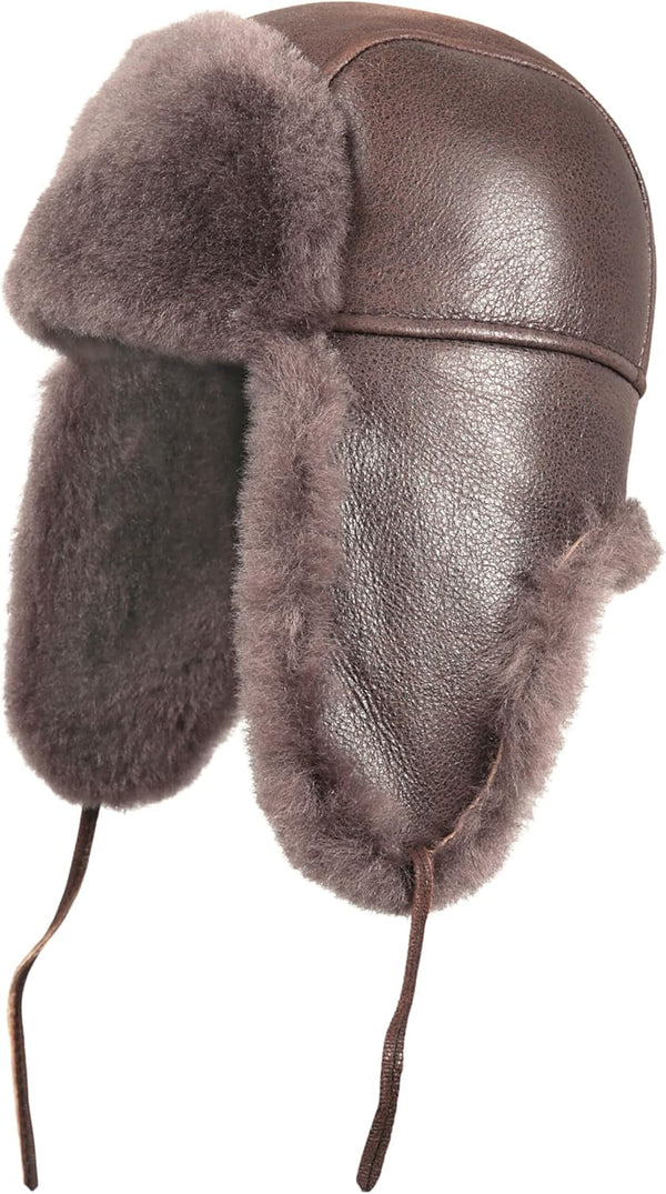 Leather Aviator Shearling Ushanka Trapper Hat Russian Sheepskin Cap Real Fur Winter Hat with Ear Flaps for Men Women