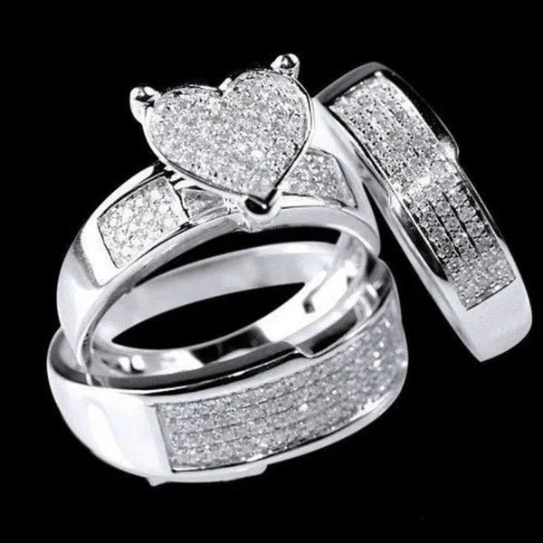 3 Pieces / Set of Super Beautiful Heart-Shaped Ring Jewelry Exquisite Women'S 925 Sterling Silver Filled Natural White Sapphire Gemstone Diamond Ring Set Anniversary Gift Bride Engagement Wedding Ring Jewelry Set