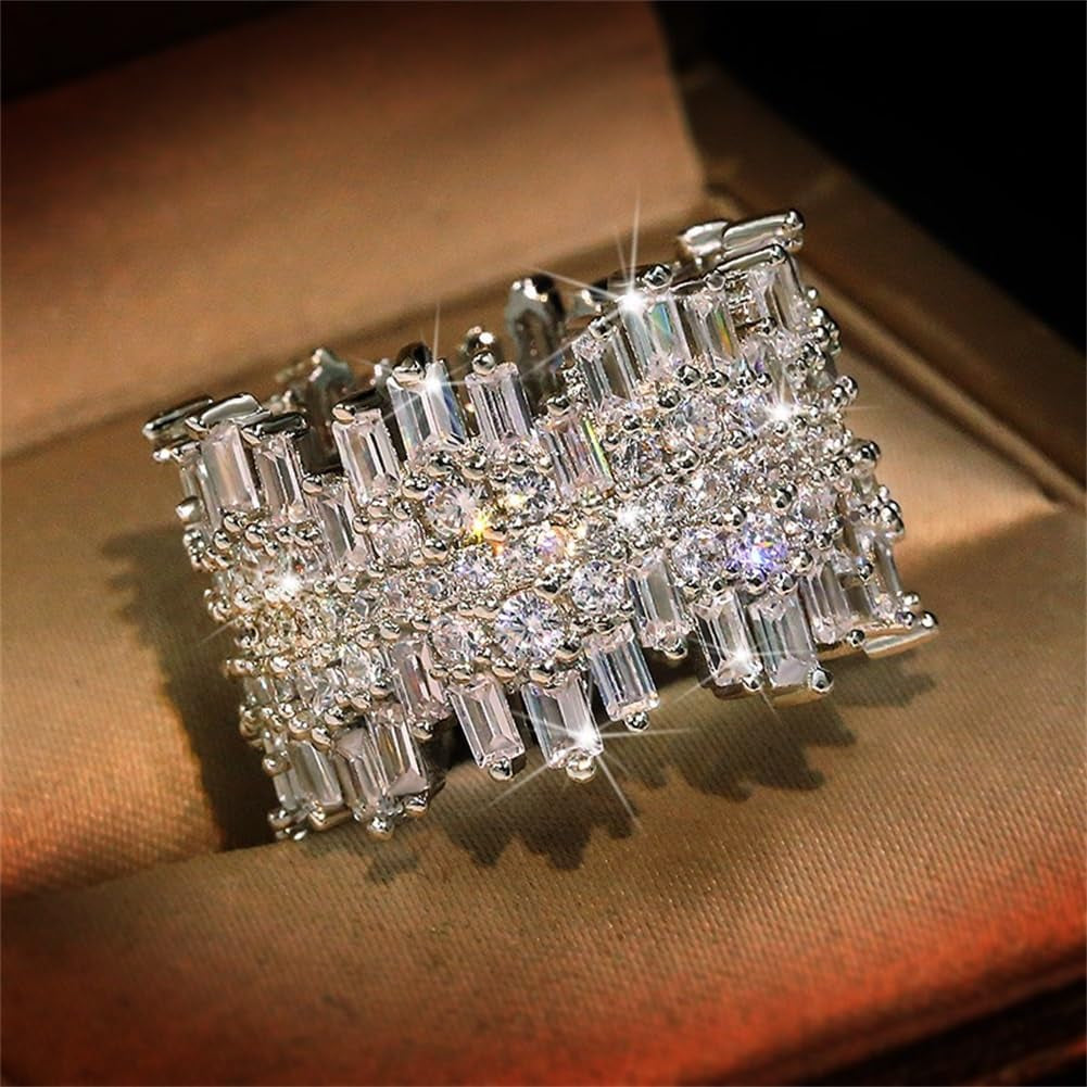925 Sterling Silver Shiny Full Diamond Gemstone Ring 18K Gold Cocktail Ring Cubic Zirconia Promise Ring CZ Diamond Multi Row Rings Eternity Engagement Wedding Party Ring for Women Z.132 (US Code 8)