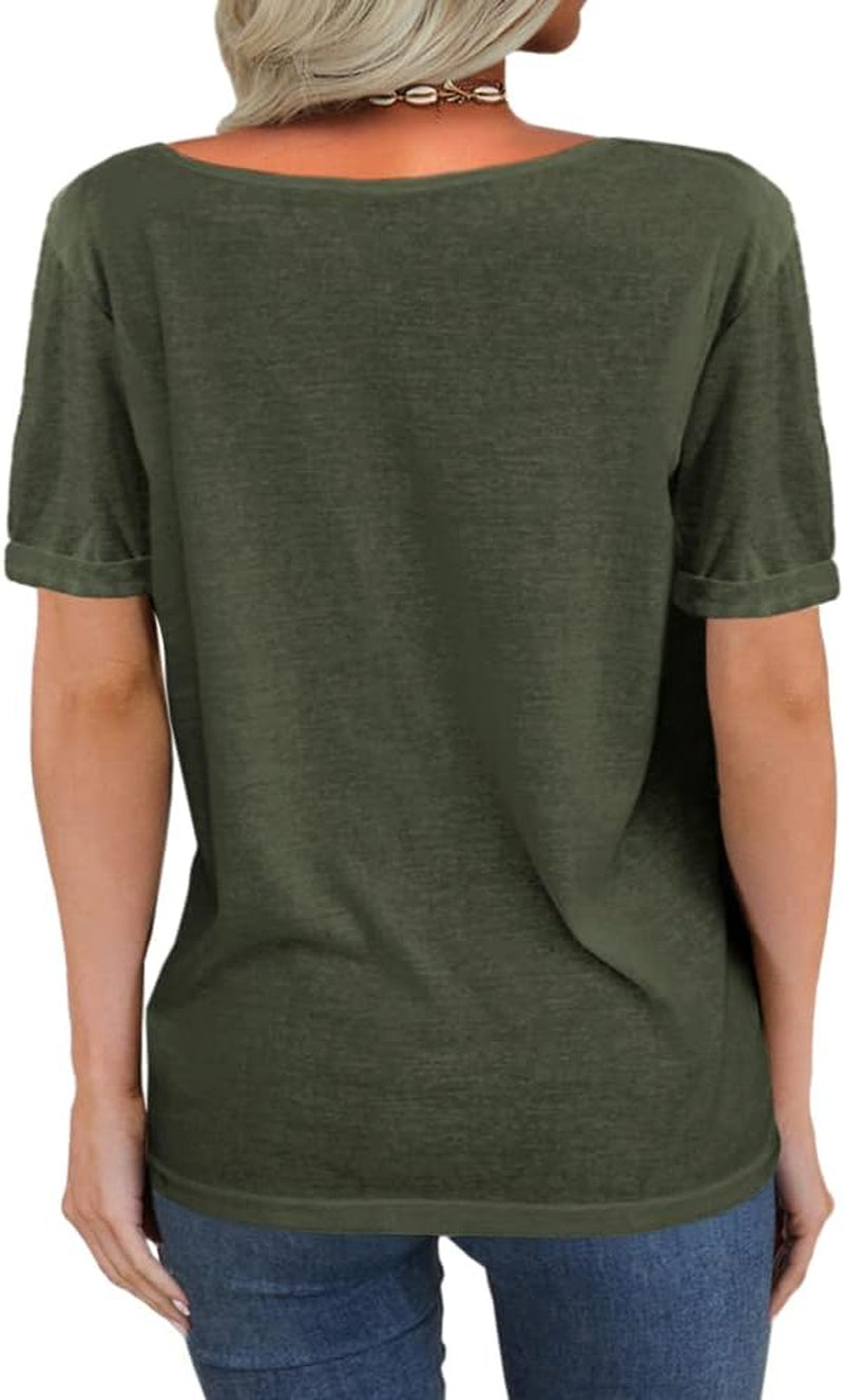Women Fashion Deep V-Neck Short Sleeve Tops Solid Casual Loose Basic T Shirt