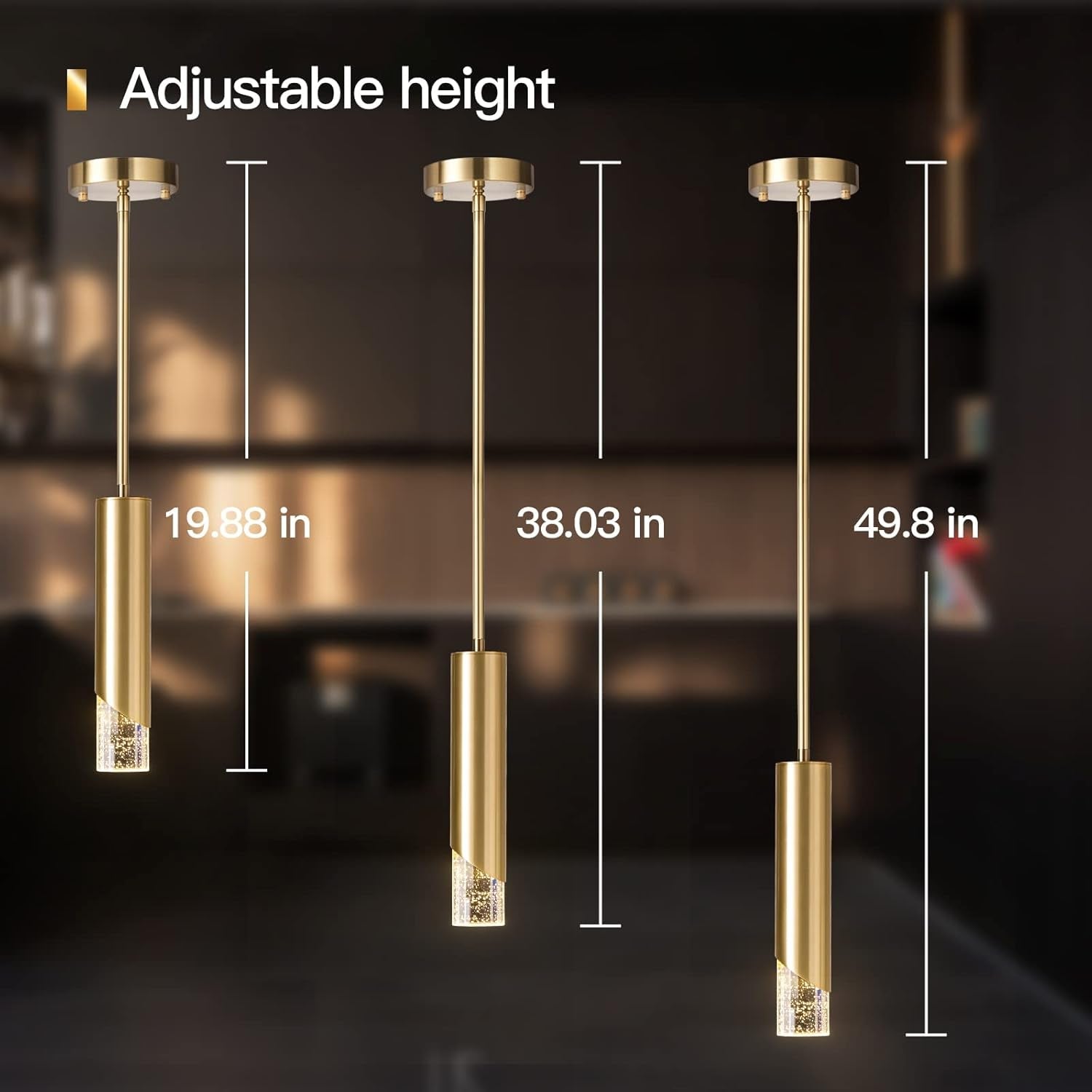 Gold Crystal Pendant Lights, Modern Crystal Pendant Lighting for Kitchen Island Dimmable Hanging Ceiling Light Fixture with Adjustable Height for Dining Room, Bedroom (Gold, 1-Pack)