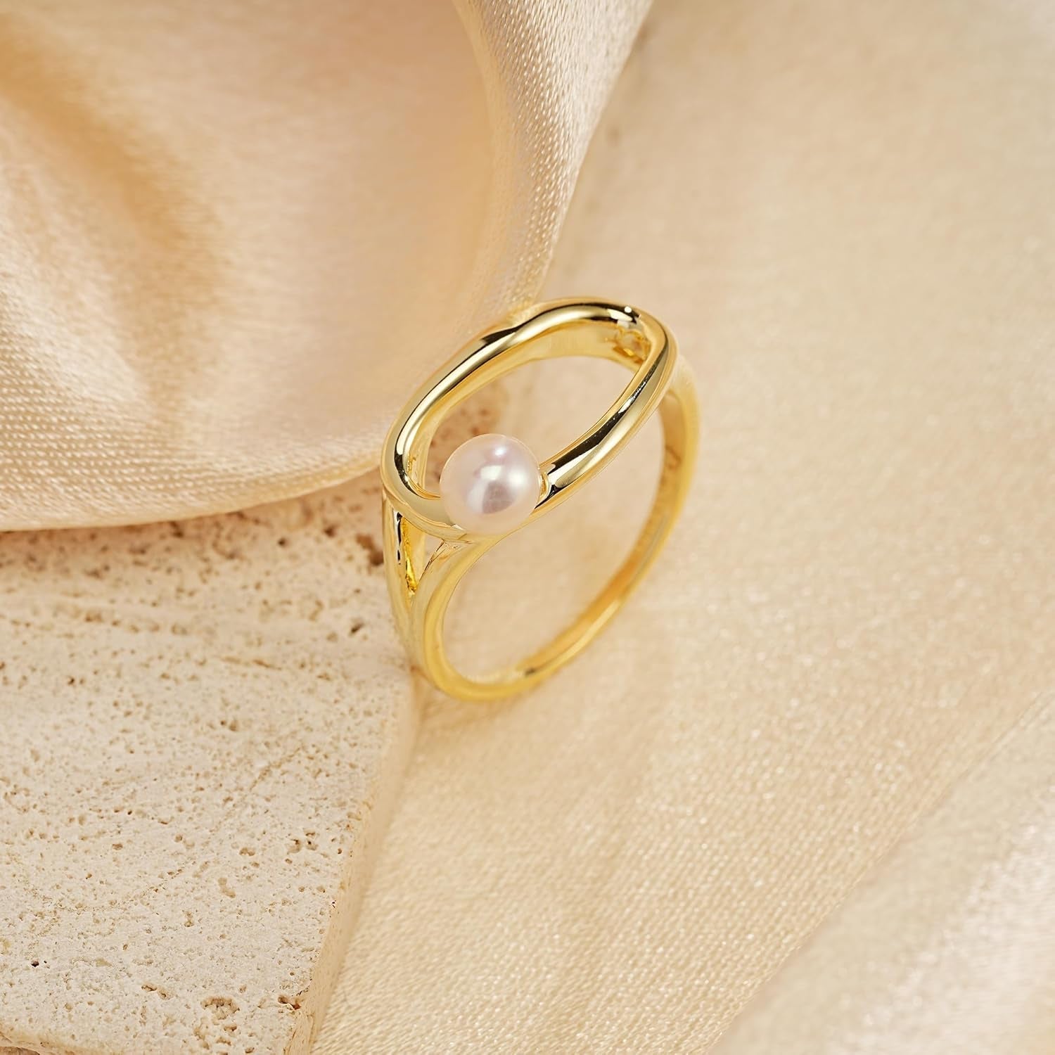 Slyph Pearl Ring for Women 14K Gold Plated Irregular Statement Ring Danity Promise Rings for Birthday Wedding Band Bridal Ring Jewelry Gifts Size 6-9
