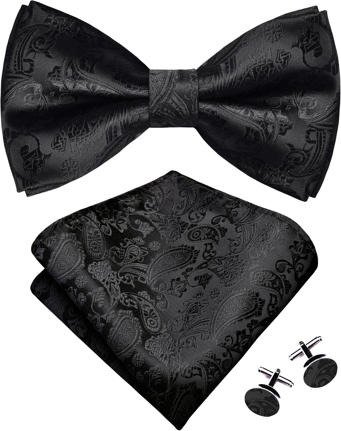 Mens Paisley Bow Tie Handkerchief Jacquard Woven Adjustable Pre-Tied Bowties Pocket Square Cufflinks Set