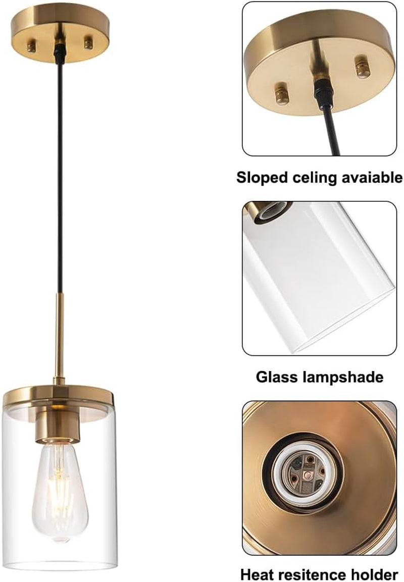 Gold Pendant Light Fixtures,5 Inch Globe Pendant Lights Kitchen Island with Clear Glass,Hanging Lights for Kitchen Island, Dining Room, Bedroom, Hallway, Farmhouse - 2 Pack