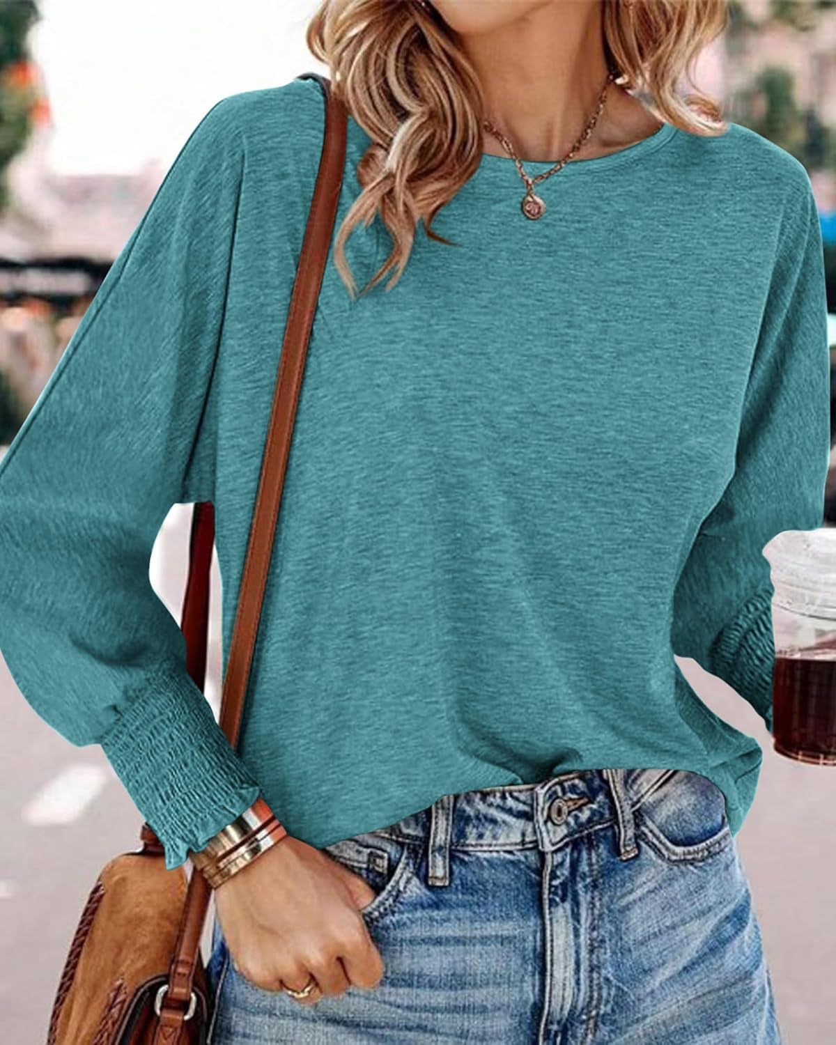 Womens Long Sleeve Tops Fall Outfits 2024 Dressy Casual Crew Neck Tee Shirts Smocked Loose Top Tunic Blouse