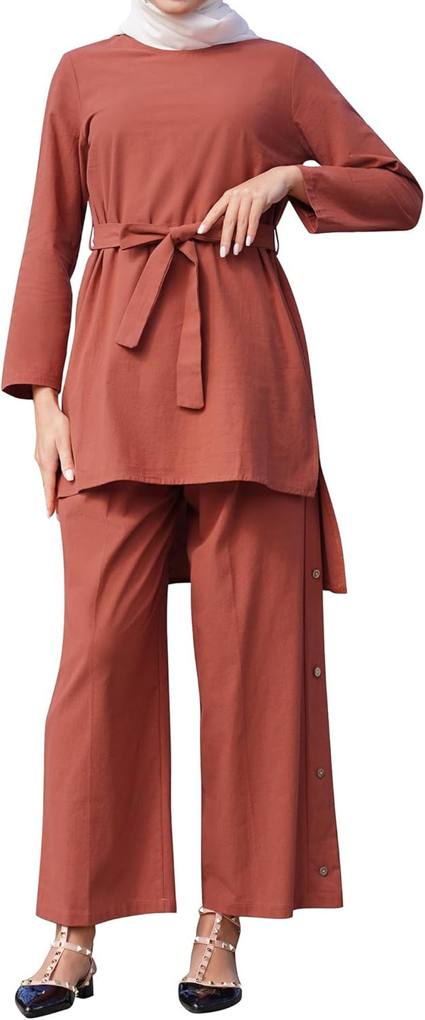 Abayas for Women Muslim 2 Pcs Sets Long Sleeve round Neck Top Dress and Pants Dubai Islamic Muslim Clothes