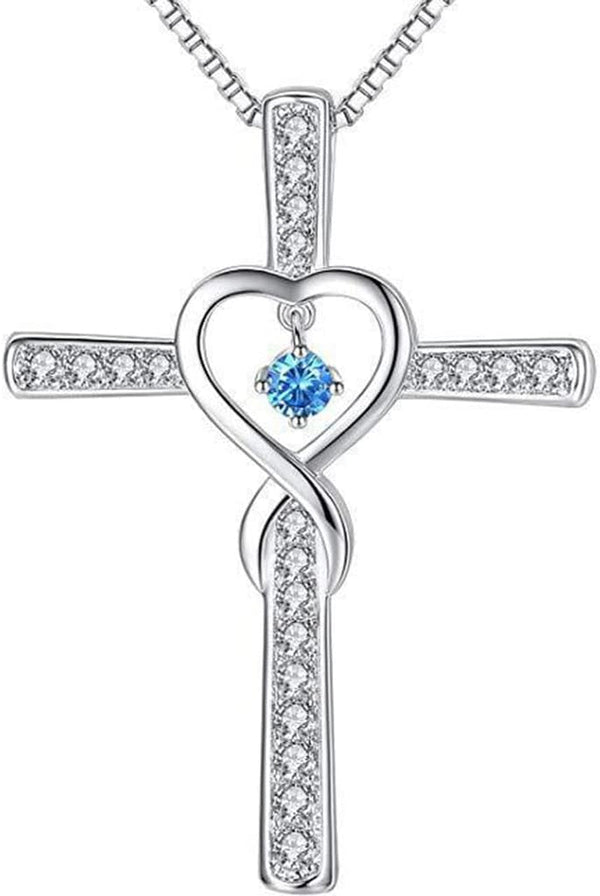 White Gold Plated Christian Cross Birthstone Infinity Charm Wedding Statement Pendant Necklace