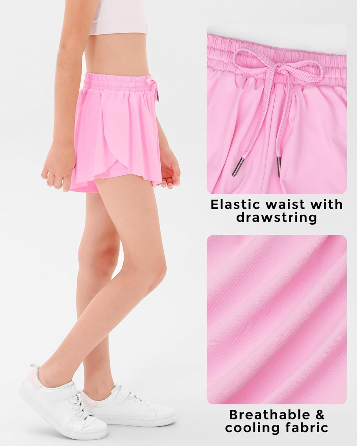 Girls Flowy Shorts with Pockets Athletic Running Skirt High Waist Butterfly 2 in 1 Sports Short 5-16 Years