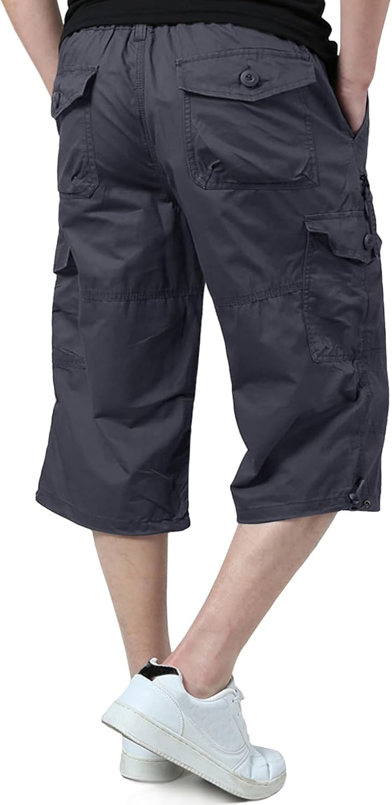 Men'S Cargo Shorts Casual Twill Elastic 3/4 Capri Pants below Knee Long Shorts with 7 Pockets