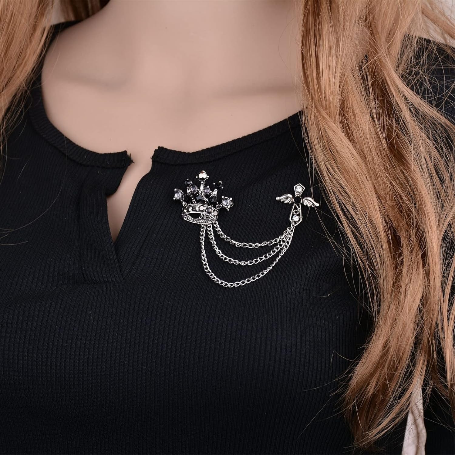 Cross Crown Long Chain Brooch for Men'S Rhinestone Tassel Brooch Pin Coat Tassel Chain Lapel Pins Suit Accessories