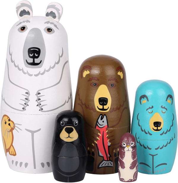 5Pcs Russian Nesting Dolls, Handmade Wooden Cute Bear Matryoshka Dolls Set for Kids Christmas Birthday Wishing Gift (Bear Series)