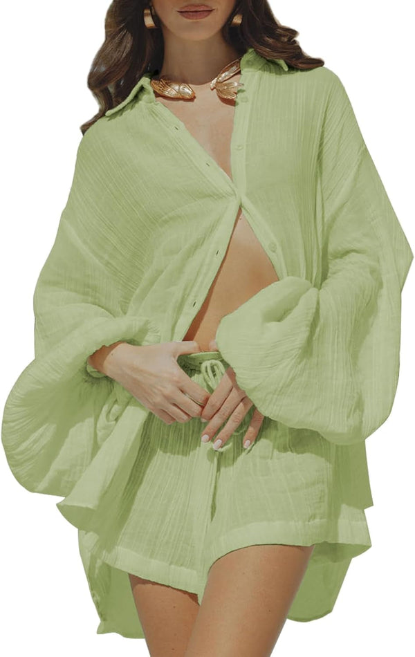 Women 2 Piece Outfits Summer Shorts Sets Lantern Sleeve Button down Shirt and Shorts Sweatsuit