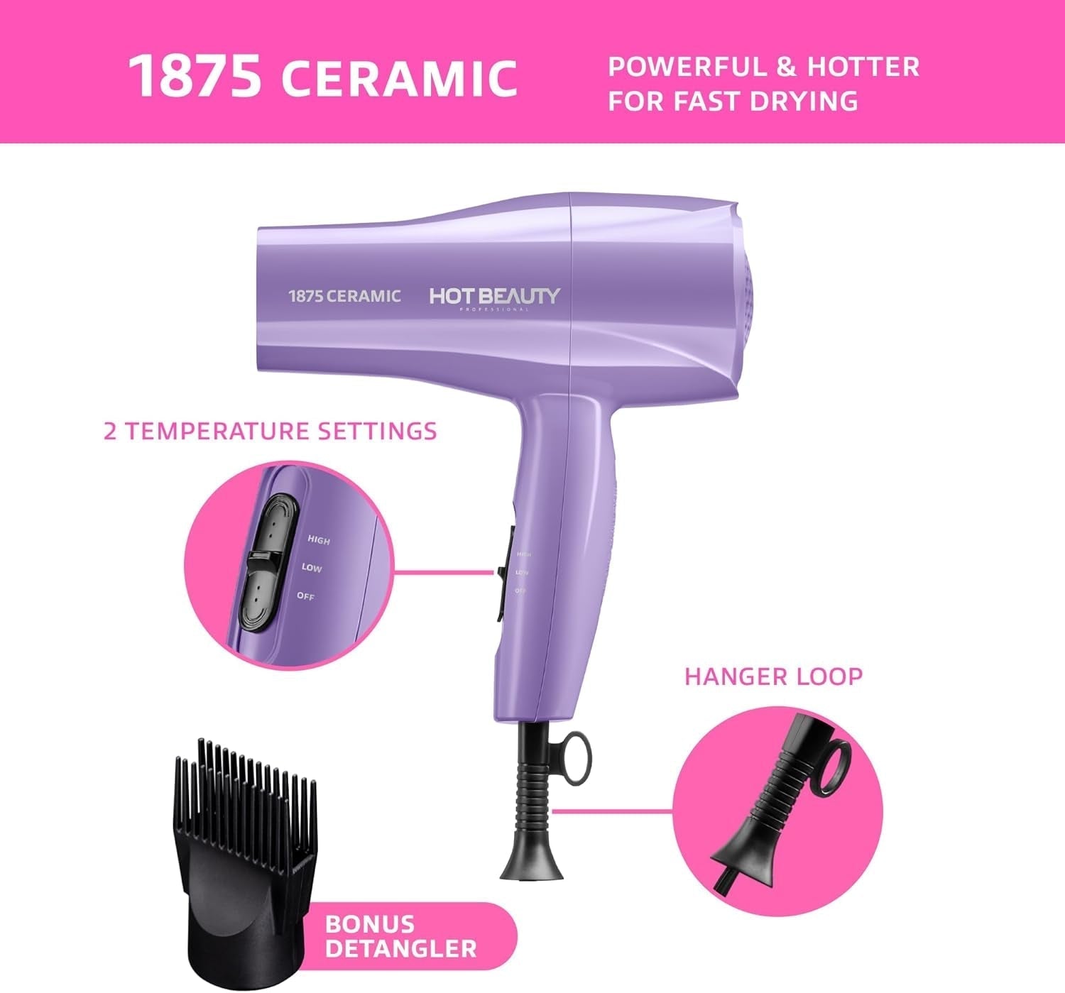 1875 Ceramic Hair Dryer, Powerful Fast Drying, Multi-Setting with Comb Attachment, Additional Detangler Included, Slide Bar Switch, Compact for Home & Travel (Purple)